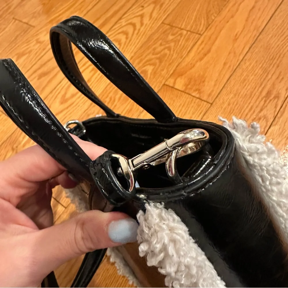 DKNY North South Crossbody Black Faux Leather Mini Tote with Sherpa Trim